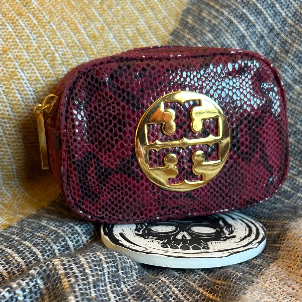 Tory Burch Red Snake Print Cosmetic Case